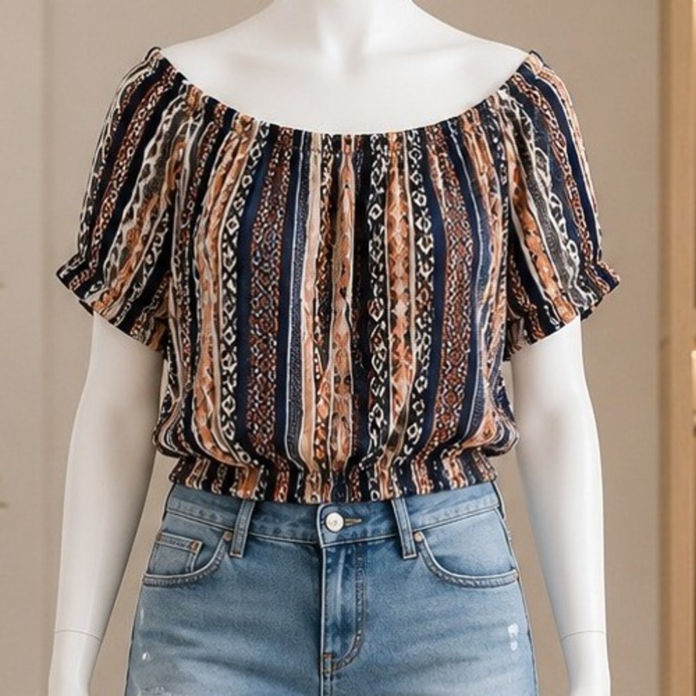 ILLA ILLA Women Crop Top Boho Off Shoulder Geometric Print Navy Orange Small